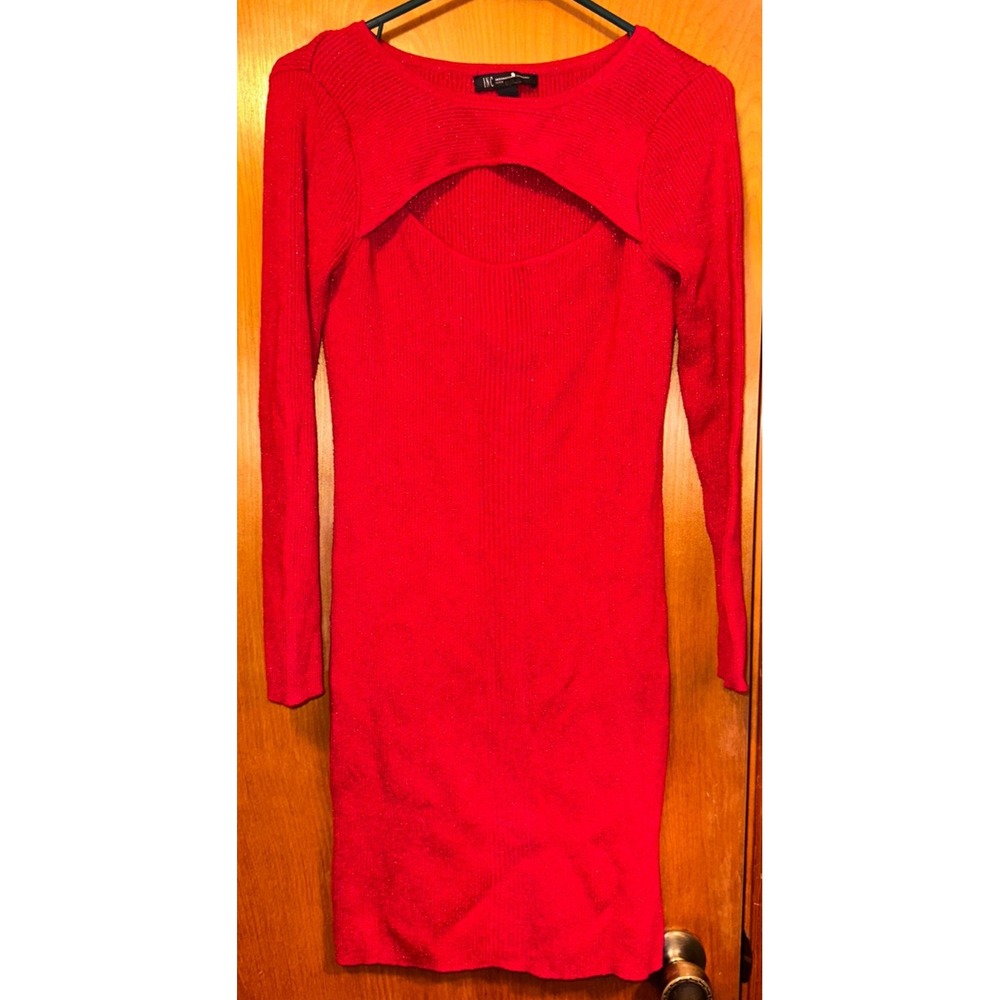 INC International Concept Red Petite Long Sleeve Cutout Glitter Sweater Dress PL